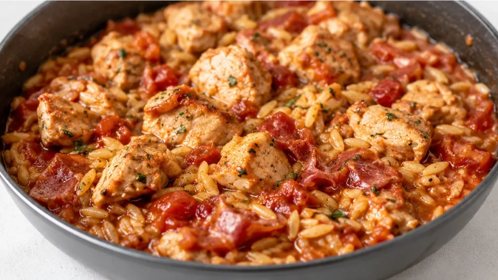 " Skillet Tomato Chicken & Orzo" - skillet chicken - Skillet chicken: cook this flavorful orzo pasta dish with sun gold tomatoes and crispy prosciutto. A perfec