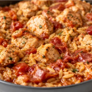 " Skillet Tomato Chicken & Orzo" - skillet chicken - Skillet chicken: cook this flavorful orzo pasta dish with sun gold tomatoes and crispy prosciutto. A perfec