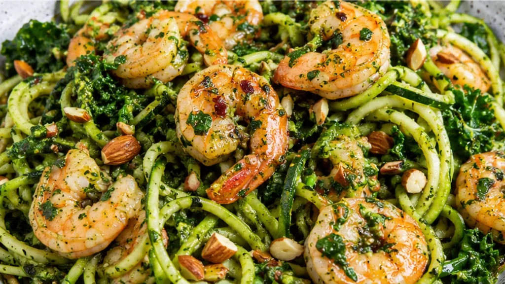 15-Min Spicy Shrimp & Pesto Zoodles - Spicy shrimp: cook this quick and bright dish with fresh pesto zoodles. Ready in just 15 minutes, it's perfect for a healt