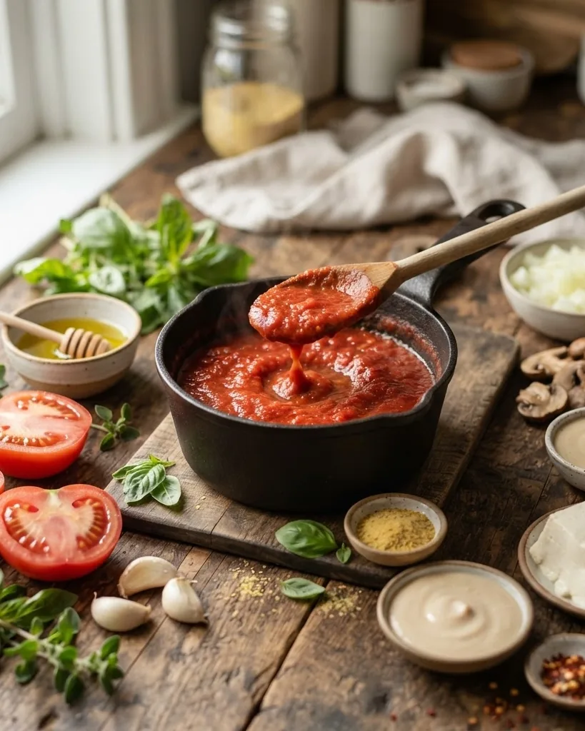 Close-up illustrating what actually makes a pasta sauce vegan