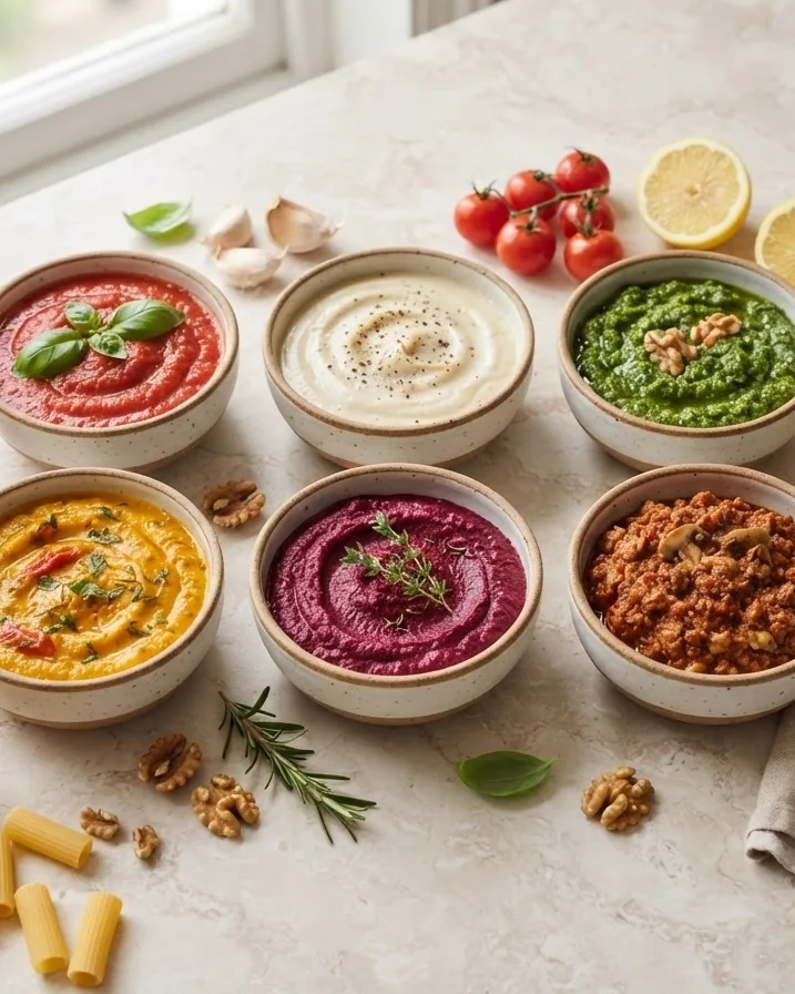 Detail view of the six vegan pasta sauces worth knowing cold