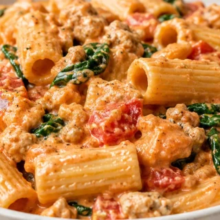 Creamy Chicken Vodka Rigatoni - Vodka rigatoni: cook this creamy, satisfying one-pan pasta with bruschetta-style chicken and fresh vegetables. Perfect for a qui