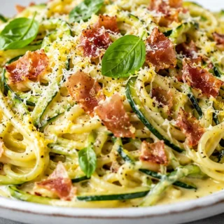 Zucchini Carbonara: Creamy, Crispy, Irresistible! Zucchini Carbonara: Savor this fresh twist on a classic, featuring crispy prosciutto and creamy burrata. Maste
