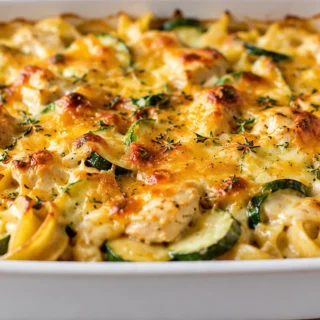 Cheesy Zucchini Chicken Noodle Casserole - zucchini casserole - Zucchini casserole: bake this comforting chicken noodle dish with melted cheddar and fresh thyme