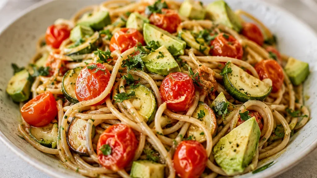 Burst Tomato & Zucchini Spaghetti - Zucchini spaghetti: try this bright, healthy pasta with creamy avocado sauce and burst cherry tomatoes. A quick, satisfying