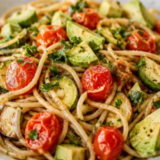 Burst Tomato & Zucchini Spaghetti - Zucchini spaghetti: try this bright, healthy pasta with creamy avocado sauce and burst cherry tomatoes. A quick, satisfying