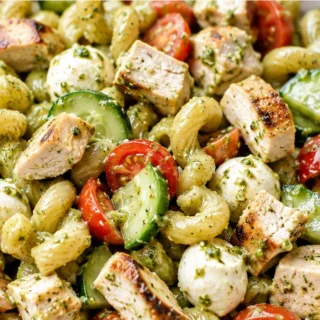 Chicken Pesto Pasta Salad: Easy & Delicious! Whip up this easy Chicken Pesto Pasta Salad with fresh mozzarella and veggies in under 30 minutes. A perfect, brigh