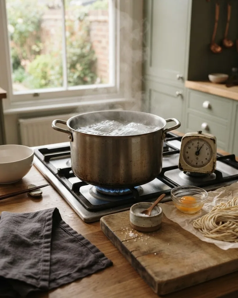 Detail view of how to Cook Egg Noodles Recipe: Water, Salt, and Timing