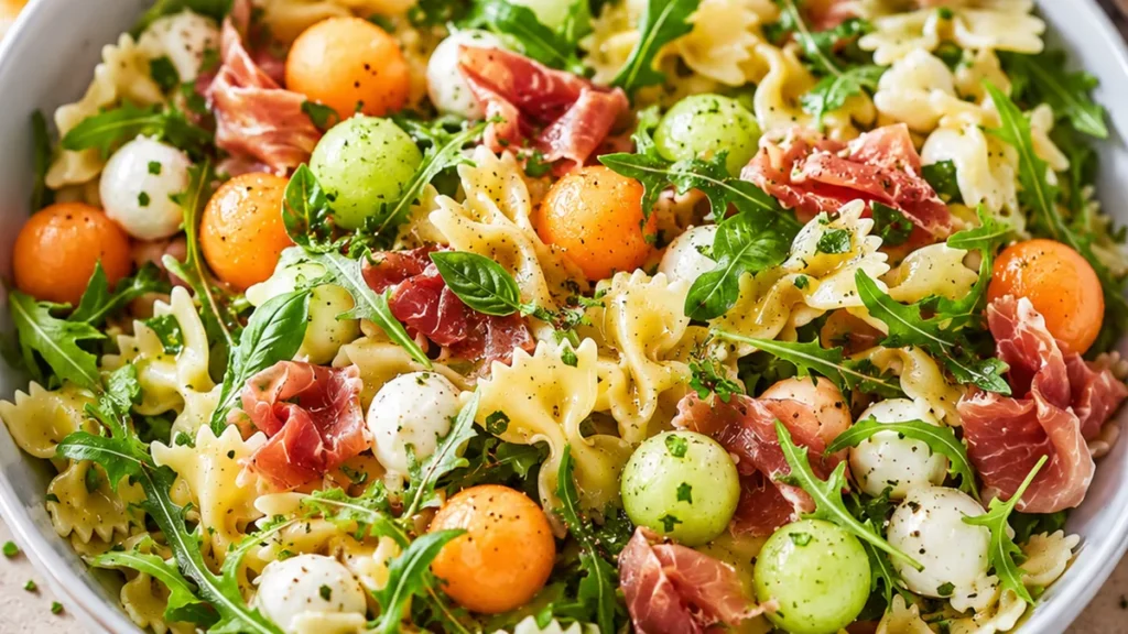 Sweet & Savory Prosciutto Melon Pasta Salad! Try this refreshing Melon Pasta Salad featuring prosciutto, mozzarella, arugula, and a tangy white balsamic dressin