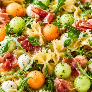 Sweet & Savory Prosciutto Melon Pasta Salad! Try this refreshing Melon Pasta Salad featuring prosciutto, mozzarella, arugula, and a tangy white balsamic dressin