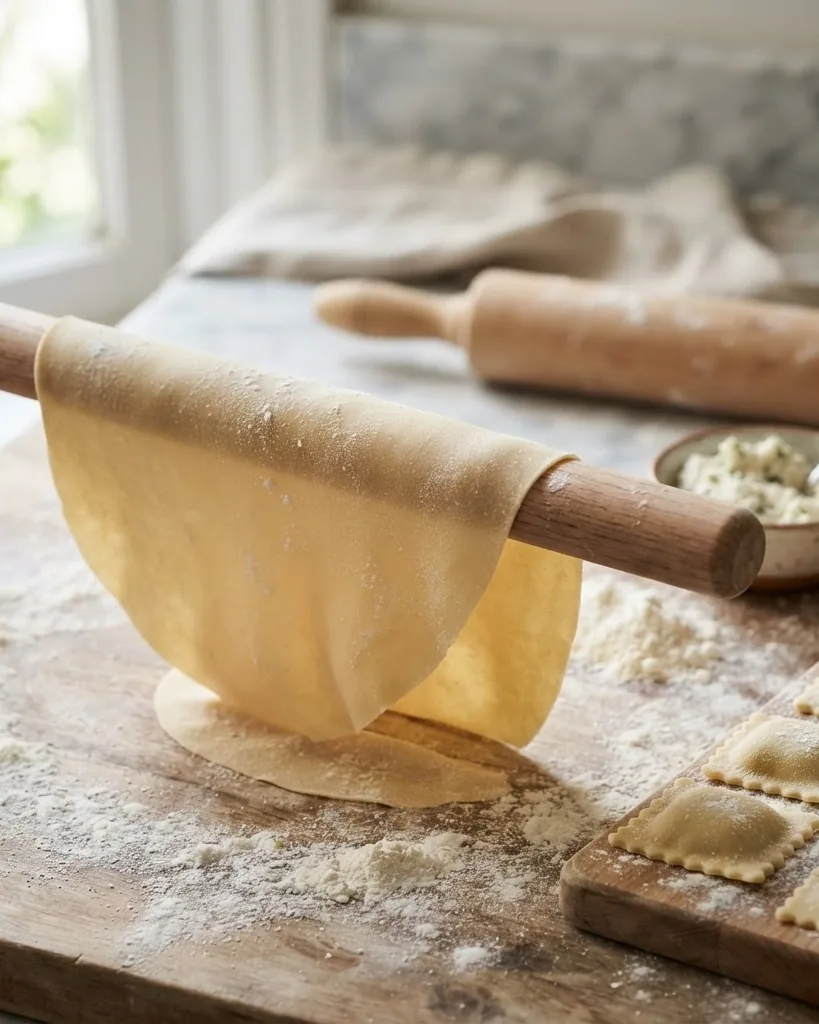 Detail view of building a fresh pasta dough that can survive folding