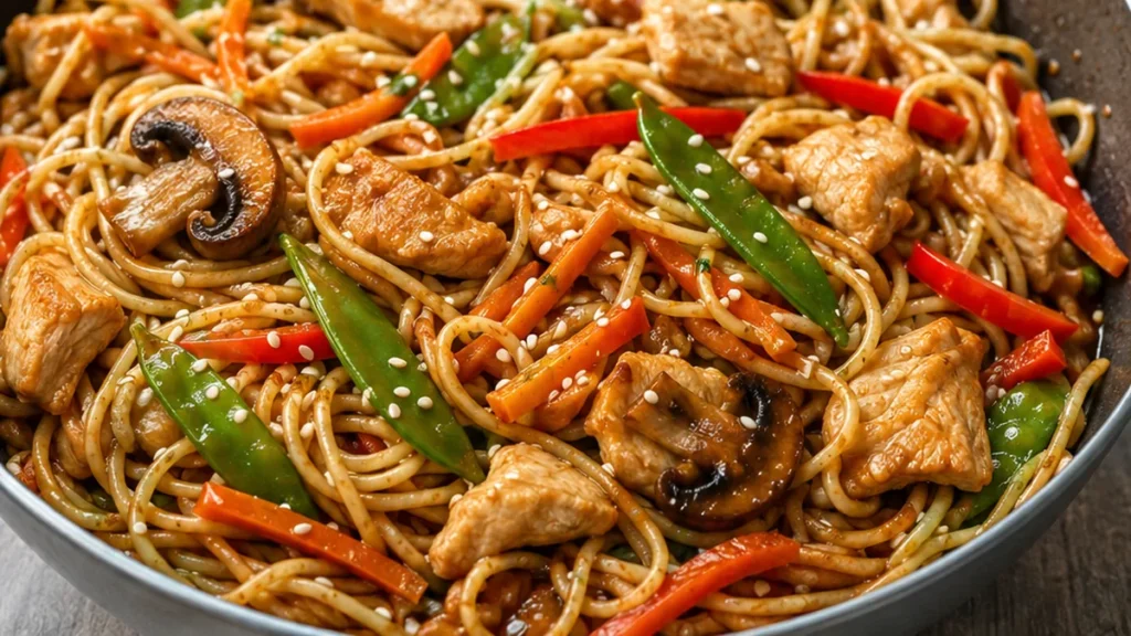 Chicken Stir Fry Noodles in 30 Mins! Make delicious chicken stir fry noodles at home in under 30 minutes! This recipe features tender chicken, crisp veggies, an