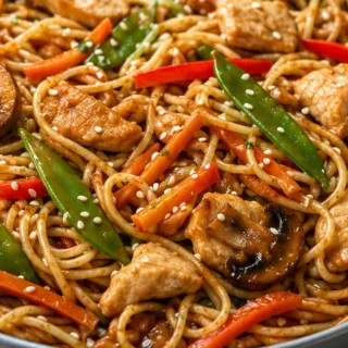 Chicken Stir Fry Noodles in 30 Mins! Make delicious chicken stir fry noodles at home in under 30 minutes! This recipe features tender chicken, crisp veggies, an