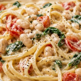 Creamy Tuscan White Bean Pasta - White bean pasta: Make this easy and creamy Tuscan-inspired pasta dish in under 30 minutes. Features tender cannellini beans, b