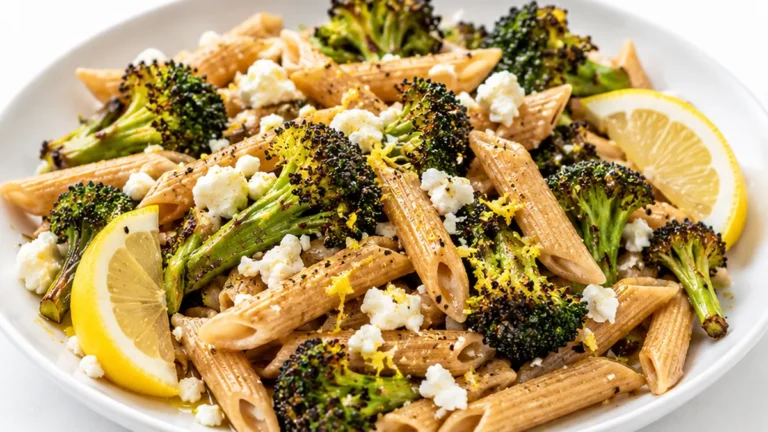 Crispy Broccoli Lemon Feta Pasta