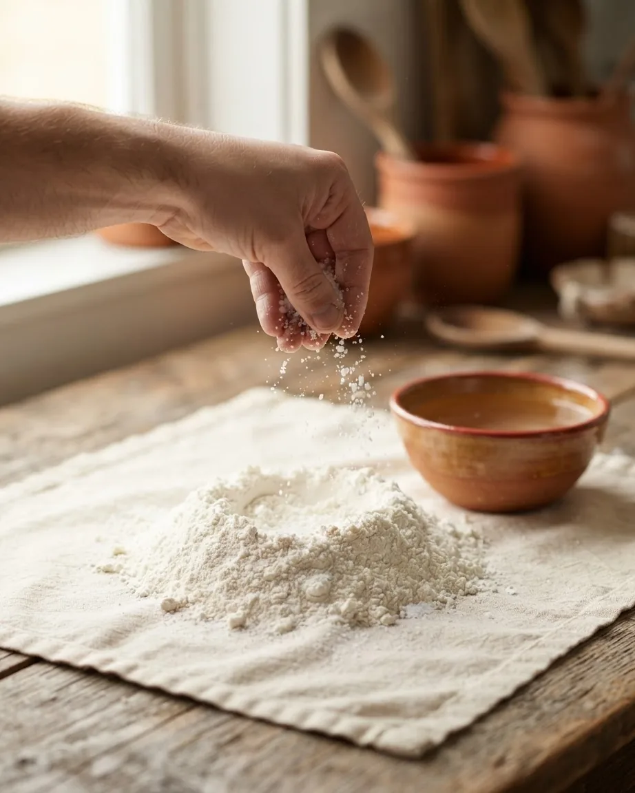 A hand sprinkles coarse salt over a mound of flour on a cloth-covered wooden table beside a ceramic bowl of water.
