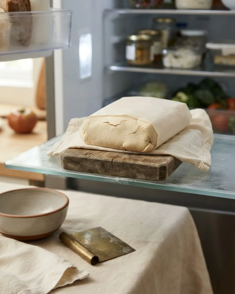 A rectangular block of pale dough rests on a cloth-covered wooden board inside an open refrigerator.
