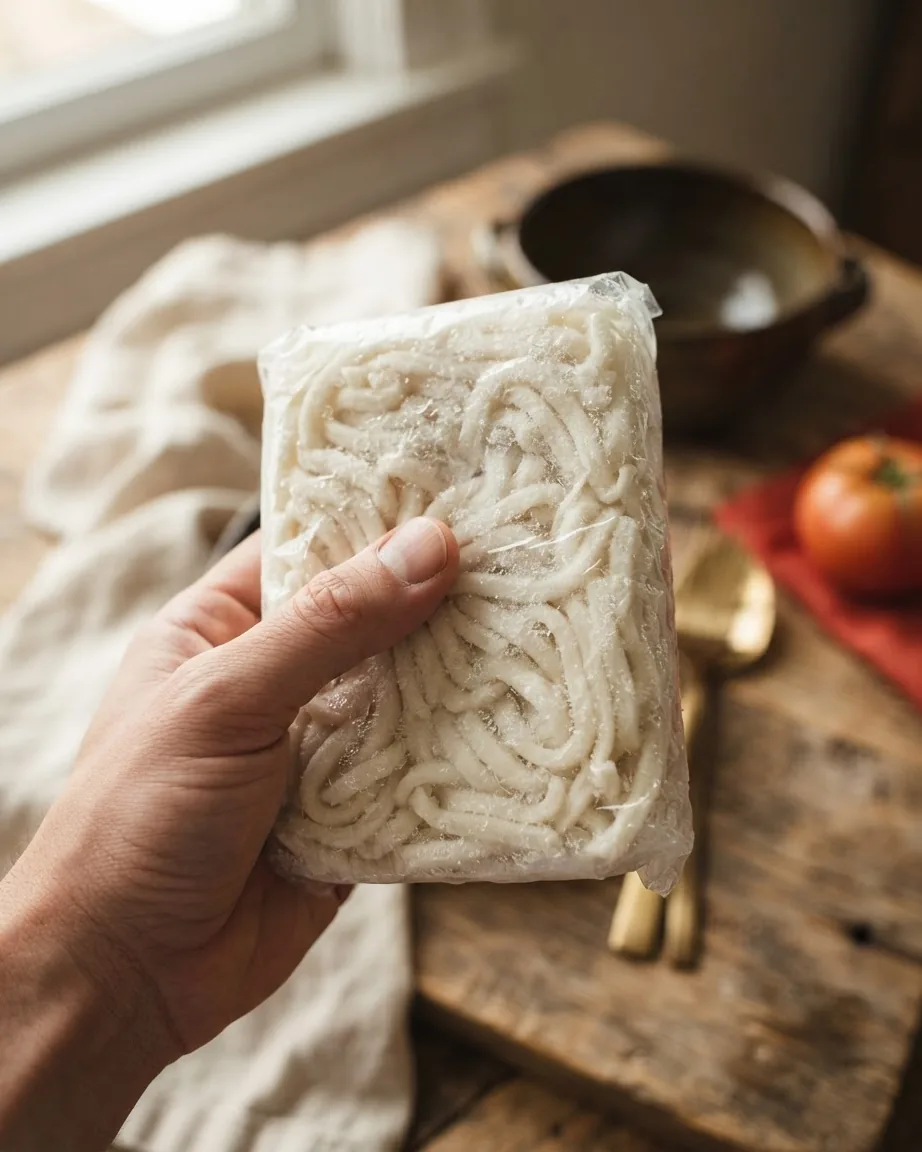 A hand holds a plastic-wrapped brick of pale, thick udon noodles over a rustic wooden kitchen counter.