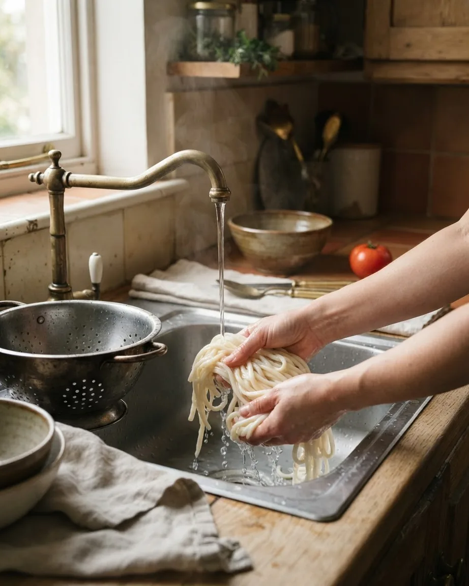 Hands rinse thick white udon noodles beneath a running brass faucet over a kitchen sink.
